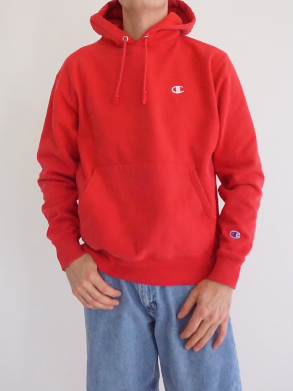 Vintage Champion Red White Logo Reverse Weave Kangaroo Pocket Athletics Hoodie M